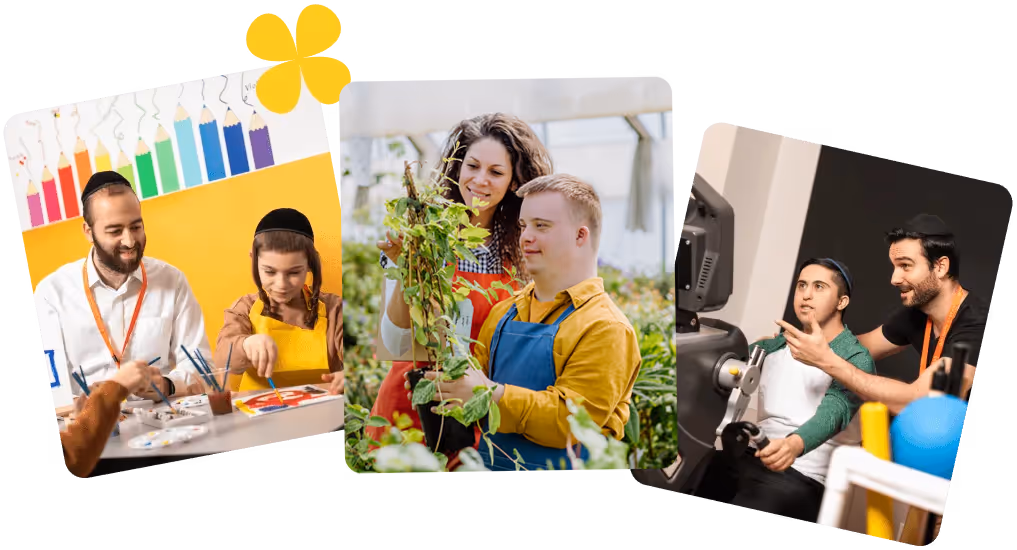 People with and without disabilities engaging in art, gardening, and a computer activity together.
