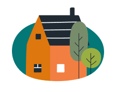 Orange house with chimney, two green trees, and teal oval background.