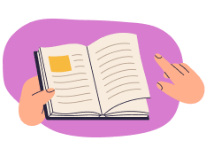 Two hands holding and pointing at an open book with lines and a yellow square on a purple background.