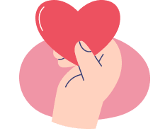 Hand holding a red heart with a pink oval background.