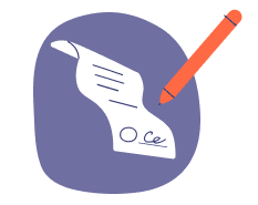 Orange pencil signing a white document with a purple rounded background.