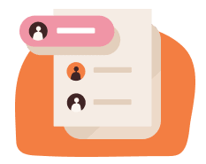 Illustration of a document with user icons and a speech bubble on an orange background.