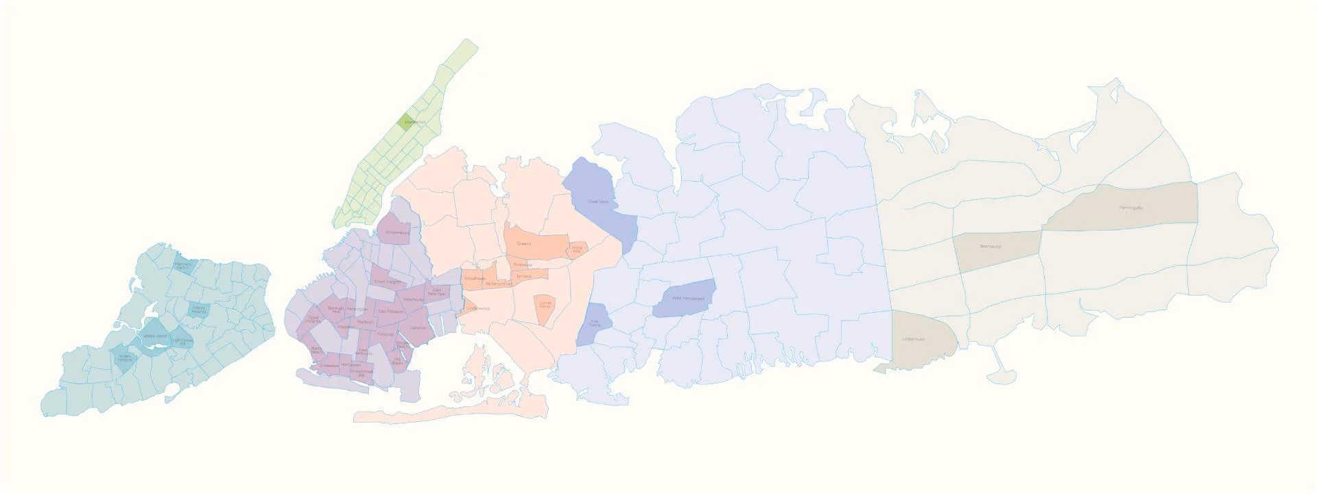 Color-coded map of New York City boroughs and neighborhoods showing detailed district boundaries.