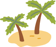 Small sandy island with two green palm trees against a transparent background.