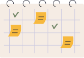 Calendar with orange sticky notes and green check marks on various dates.