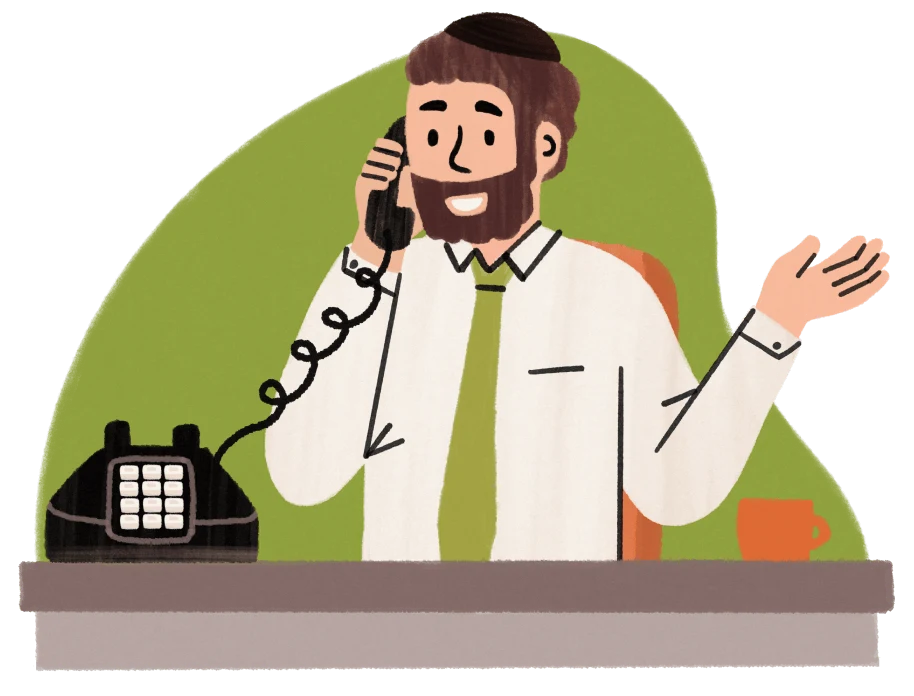 Bearded man in a white shirt and green tie talking on a corded desk phone at work.
