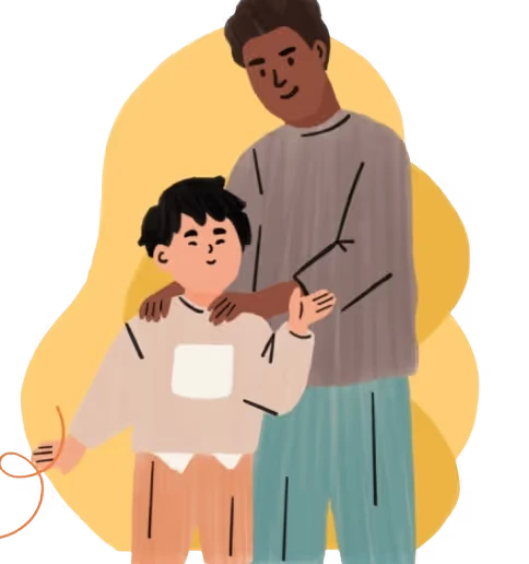 Illustration of adult comforting a child holding a string, both standing against a yellow backdrop.