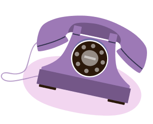 Illustration of a vintage purple rotary dial telephone on a pink oval background.