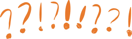 Sequence of orange punctuation marks alternating between question and exclamation marks on a dark background.