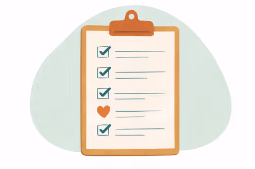 Checklist on clipboard with four checked boxes and one heart icon in the list.