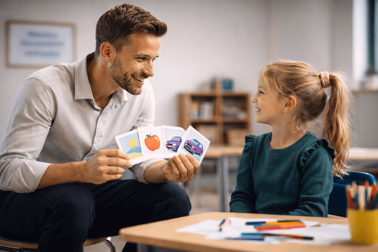 Man showing flashcards with sun, apple, and car pictures to smiling young girl in classroom.