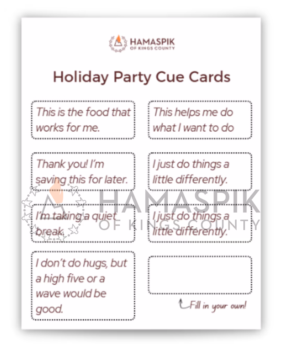 Holiday Party Cue Cards with phrases like ‘This is the food that works for me’ and ‘I’m taking a quiet break.’