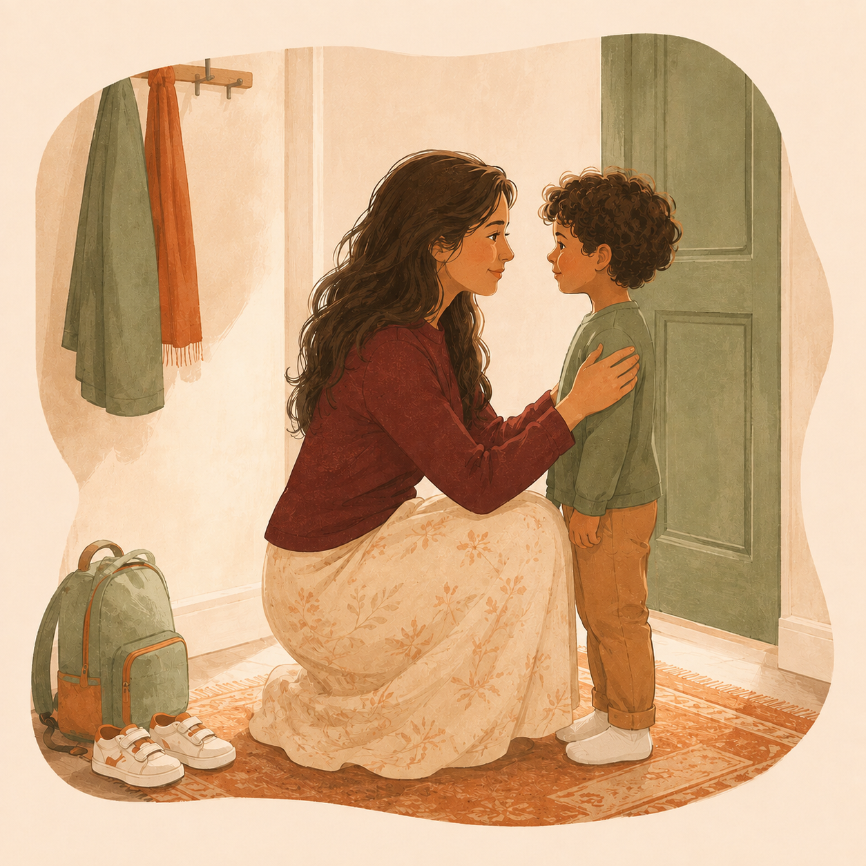 A mother kneeling by the front door to comfort her young son, his backpack and shoes on the floor beside them