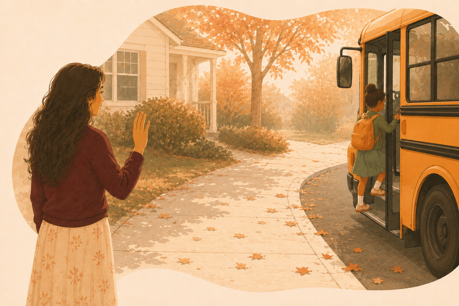 A calm, confident child heading off to school with a backpack