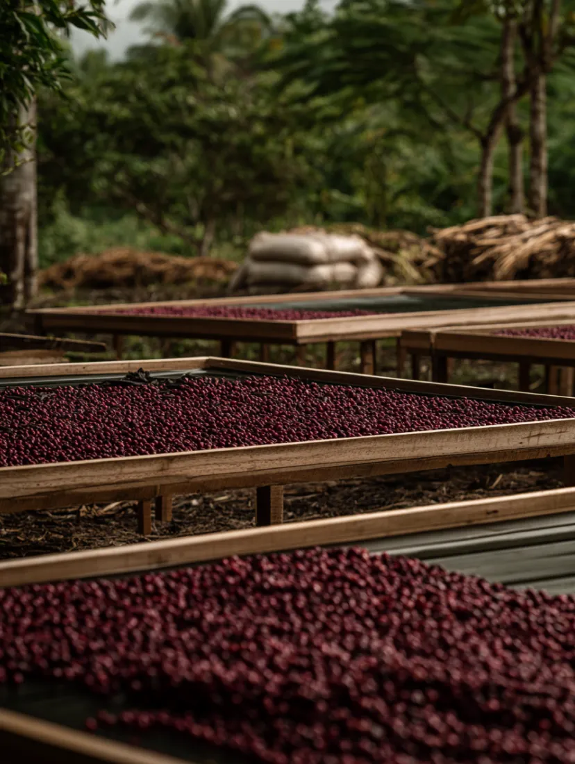 Wooden drying trays filled with red coffee cherries drying outdoors on a farm.