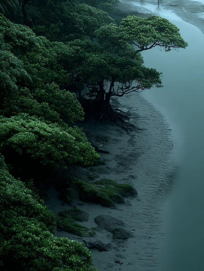 Dense green mangrove trees along a muddy shoreline by calm water.