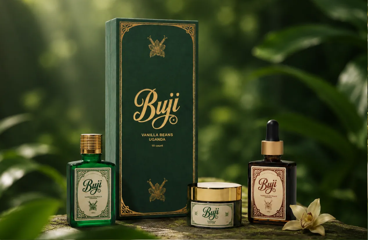 Three Buji vanilla products: green vanilla extract, green vanilla paste jar, and brown vanilla bitters bottle.