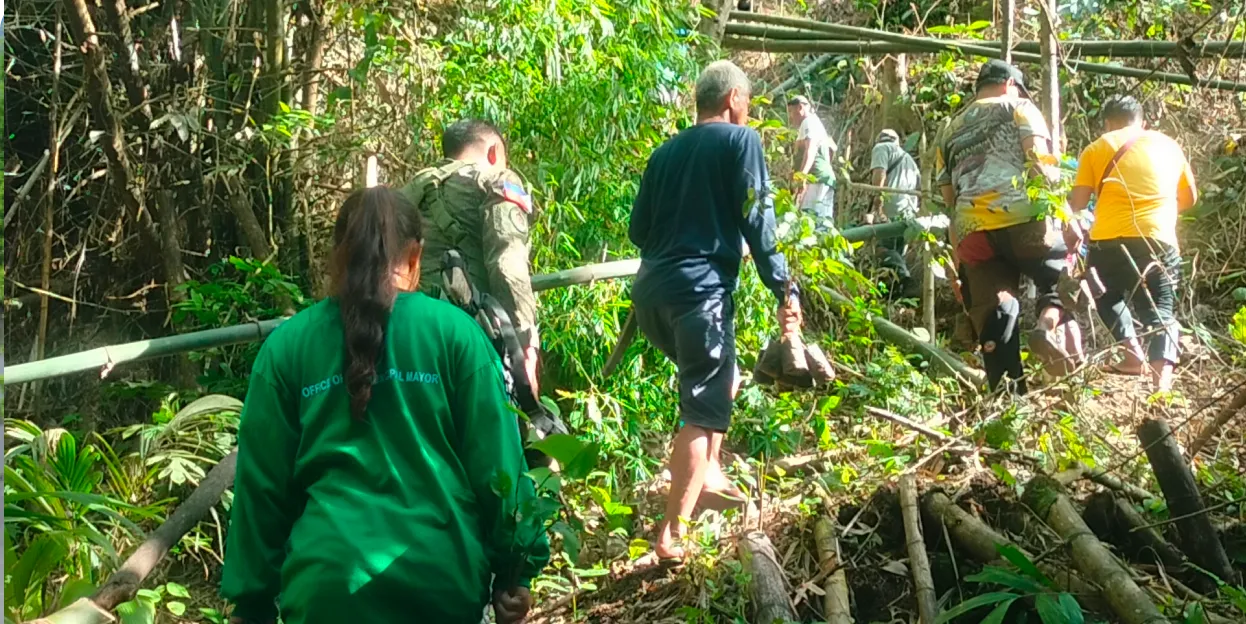 Group of people hiking up a forested trail with bamboo handrails and dense vegetation.