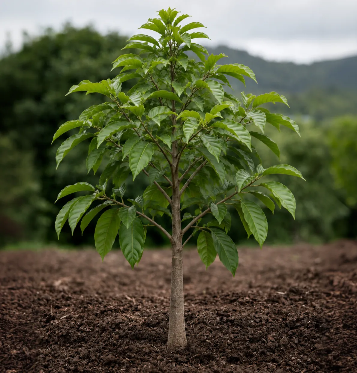 Young green coffee plant growing in dark soil with blurred trees and hills in the background.