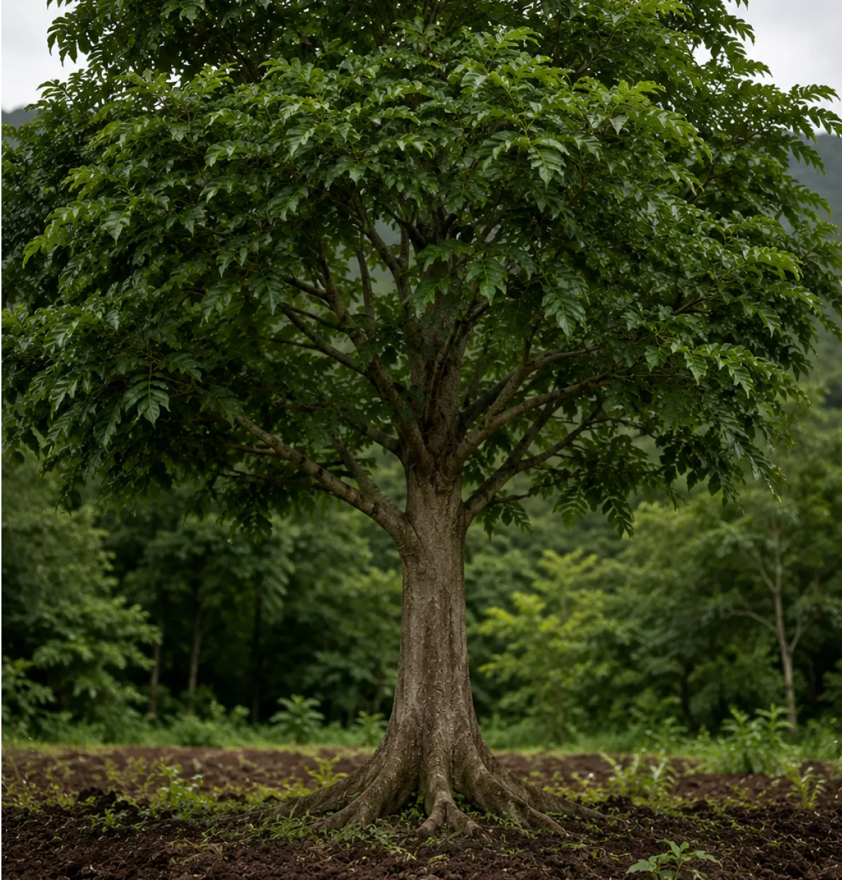 Single tree with thick trunk and dense green leaves standing in a soil field with forest background.