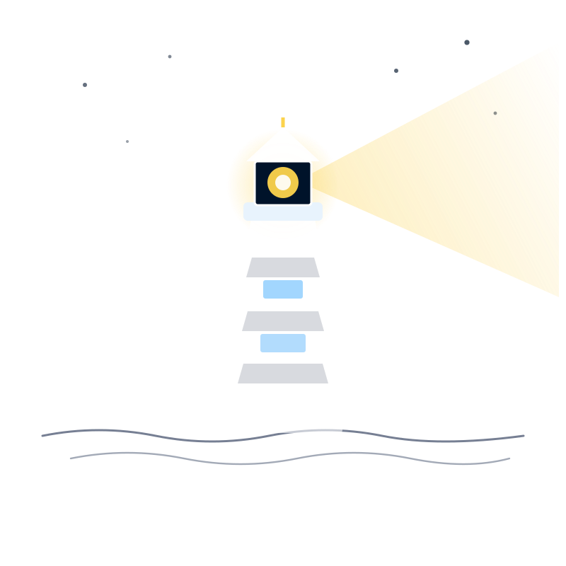 White lighthouse with blue windows shining light over wavy ocean lines on transparent background.