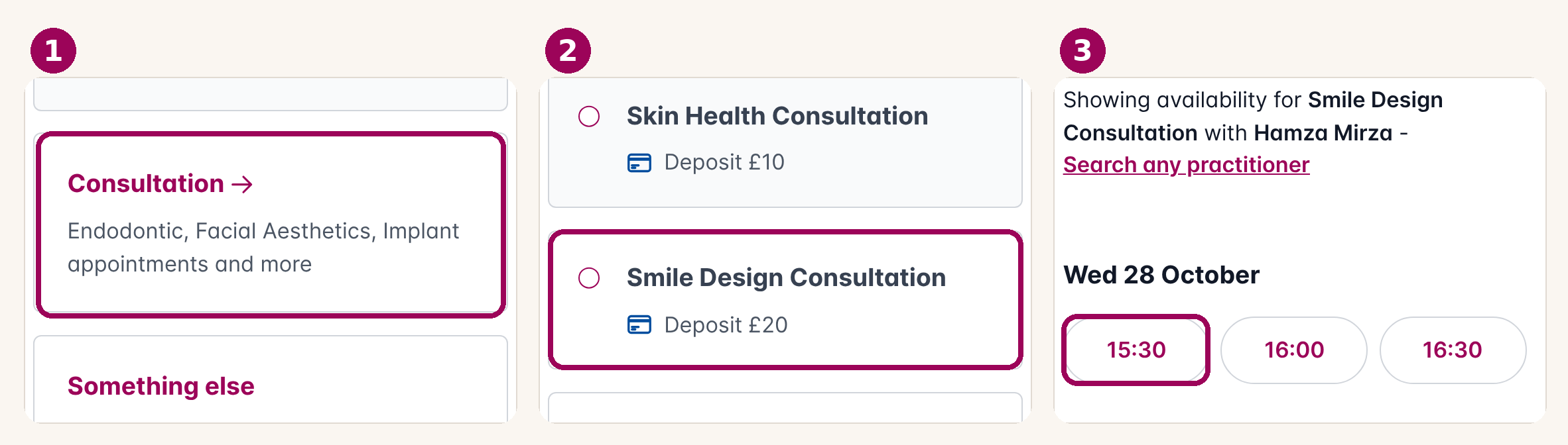 The three taps in the booking portal: 1 Consultation, 2 Smile Design Consultation (£20 deposit), 3 your time with Hamza Mirza