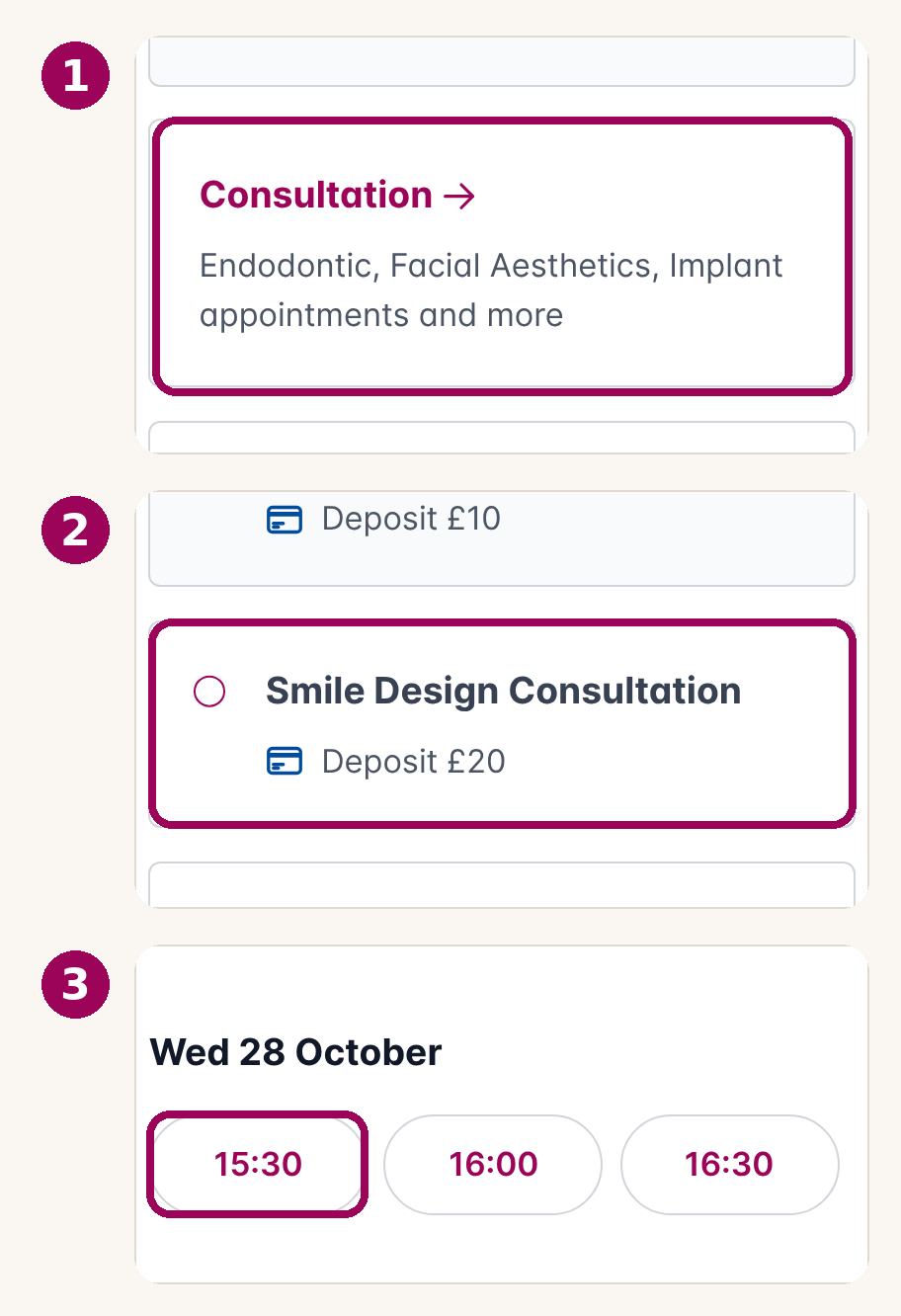 The three taps in the booking portal: 1 Consultation, 2 Smile Design Consultation (£20 deposit), 3 your time with Hamza Mirza