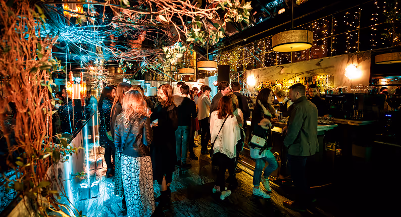 Guests with drinks at a marble bar under foliage and fairy lights during a private party