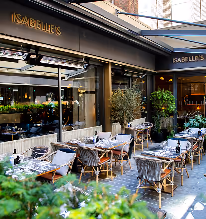 Isabelle's patio seating beneath the shopfront sign, off Grafton Street