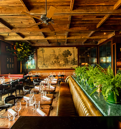Doolally's wood-beamed dining room with banquette seating and greenery, off Camden Street