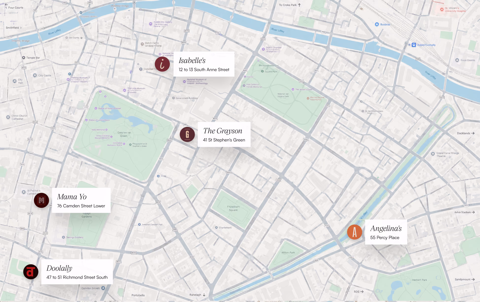 Map of Dublin marking the locations of Angelina's, Isabelle's, The Grayson, Mama Yo and Doolally