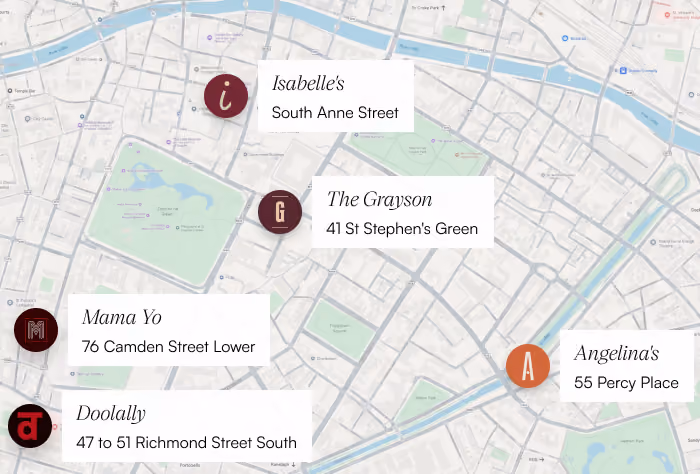 Map of Dublin marking the locations of Angelina's, Isabelle's, The Grayson, Mama Yo and Doolally