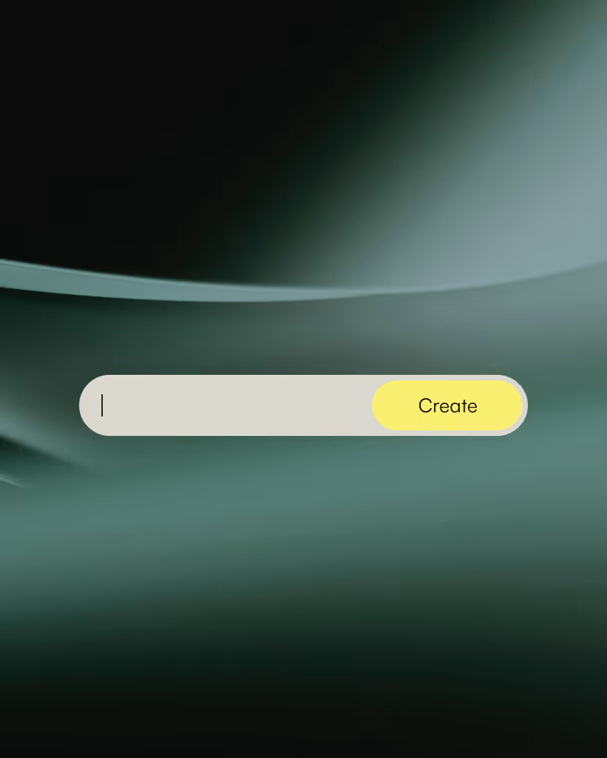 Empty search bar with a yellow 'Create' button on a dark green abstract background.