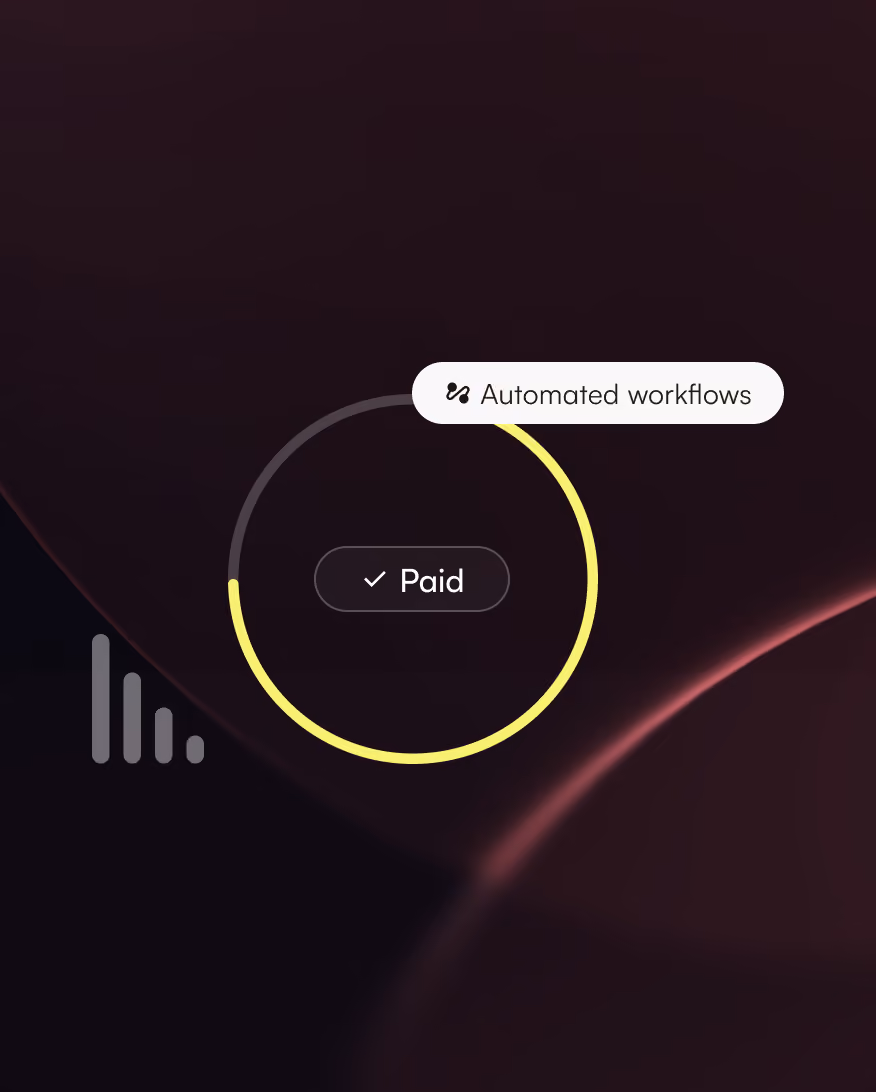 Dark interface with a circular progress bar labeled 'Payed' and a tag for 'Automated workflows'.