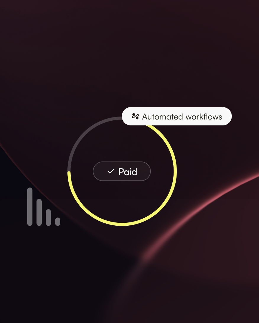 Dark interface with a circular progress bar labeled 'Payed' and a tag for 'Automated workflows'.