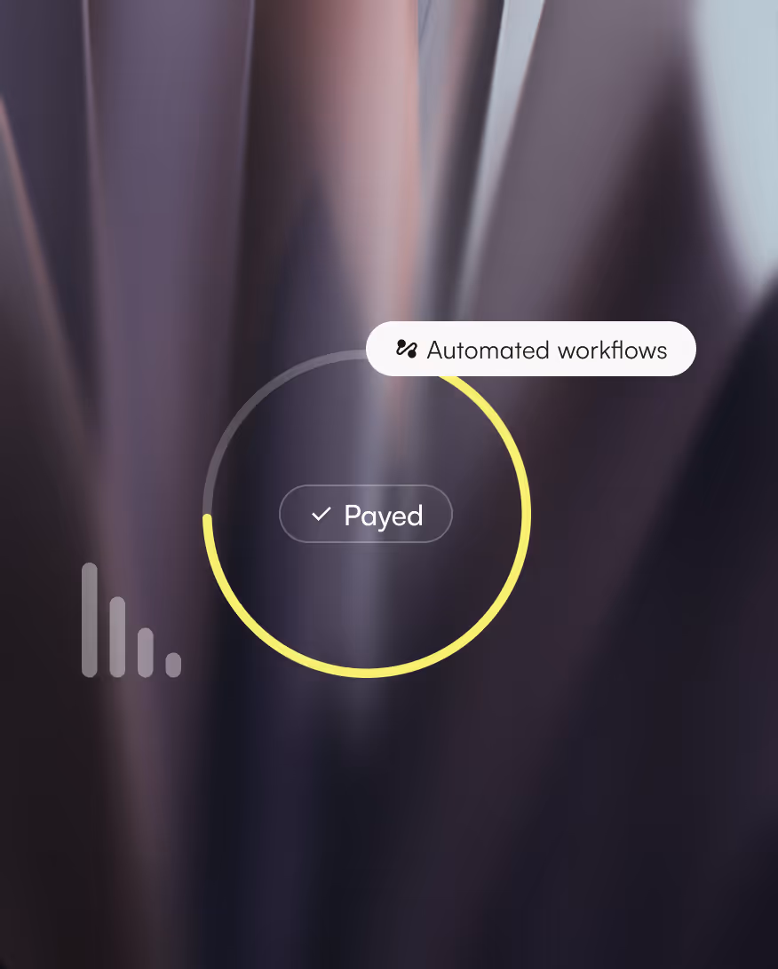 Circle progress indicator mostly complete with label 'Payed' and note 'Automated workflows'.