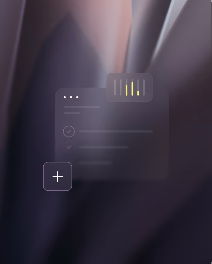 Blurry dark abstract background with a translucent user interface showing a plus sign and bar graph.