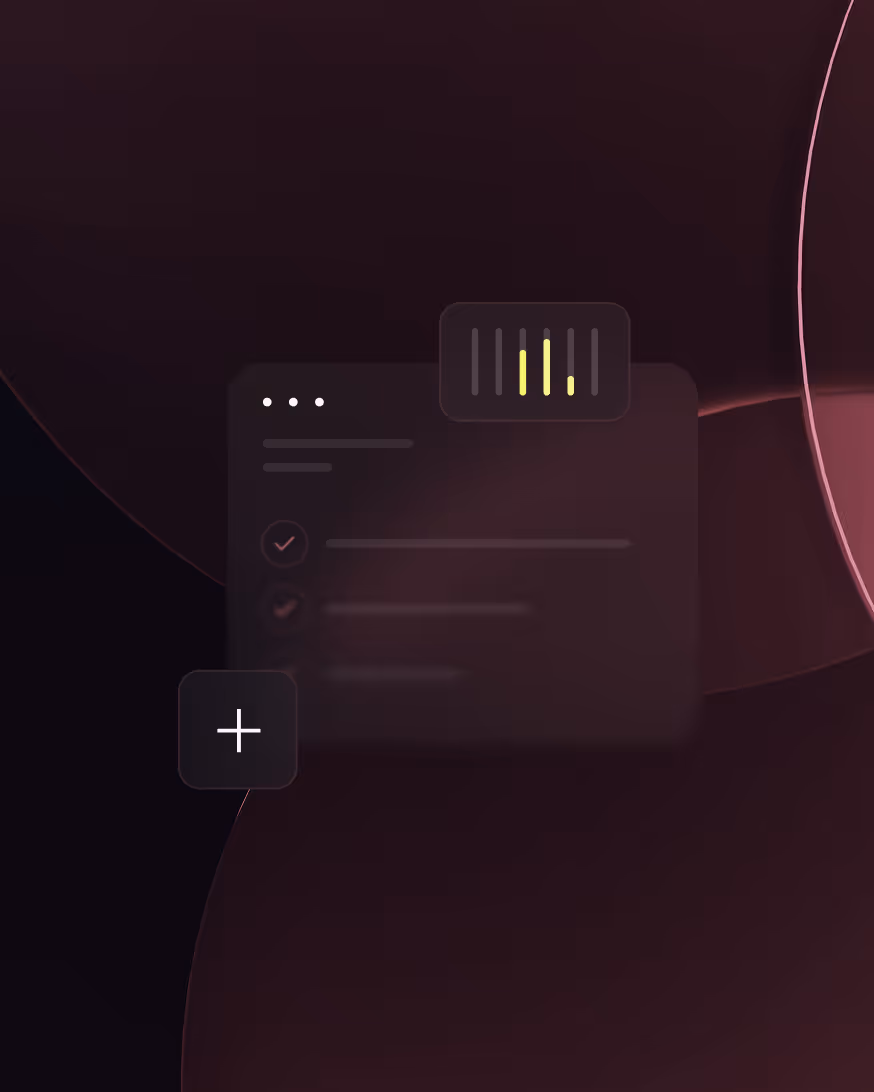 Dark abstract background with a translucent data panel showing yellow vertical bars and a plus icon.