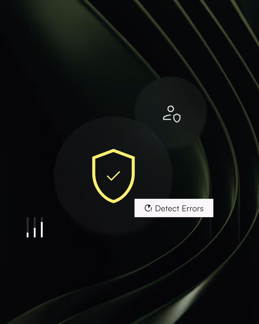 Yellow shield icon with check mark and user shield icon on dark abstract background with Detect Errors text.