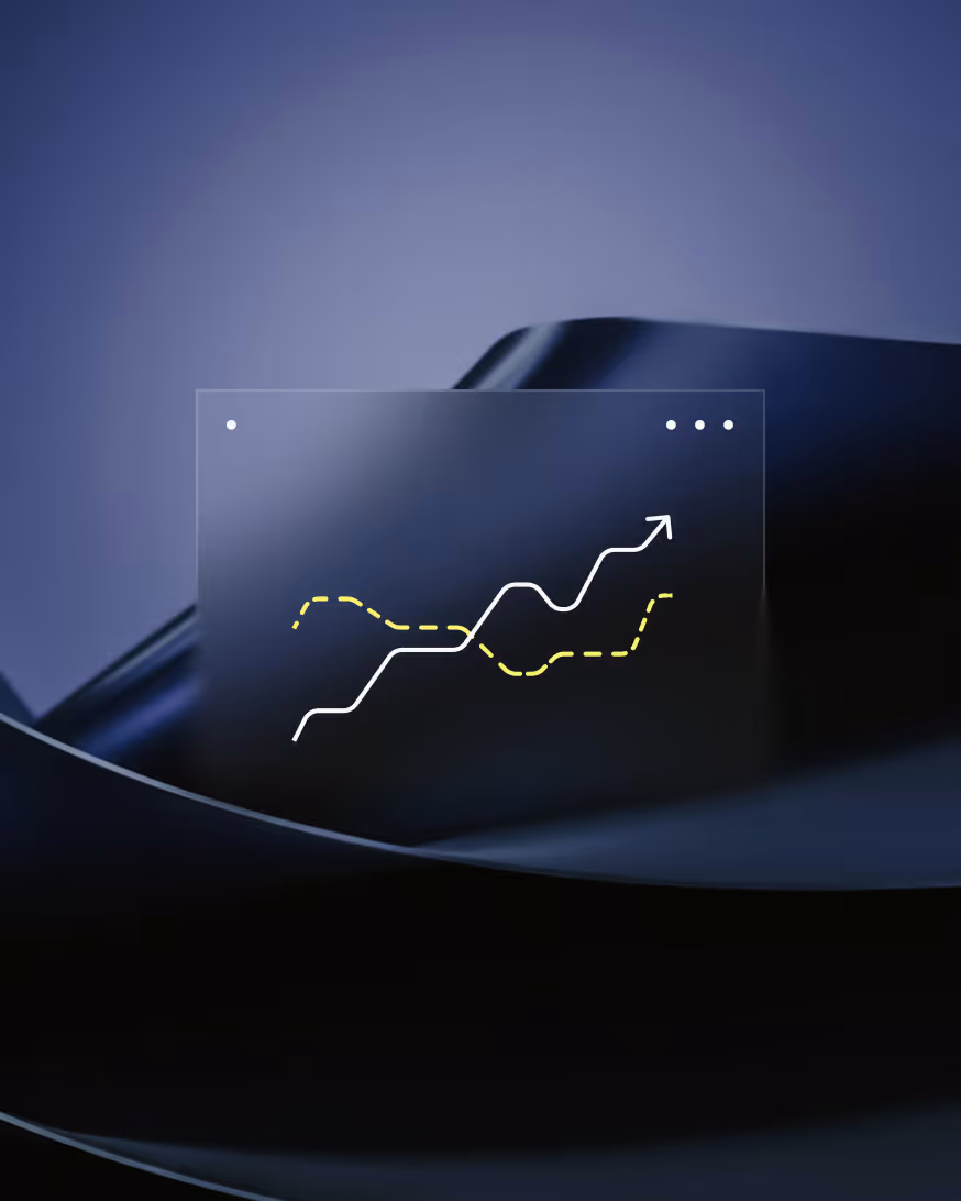 Graph on translucent panel with white upward arrow line and yellow dashed line on dark abstract background.