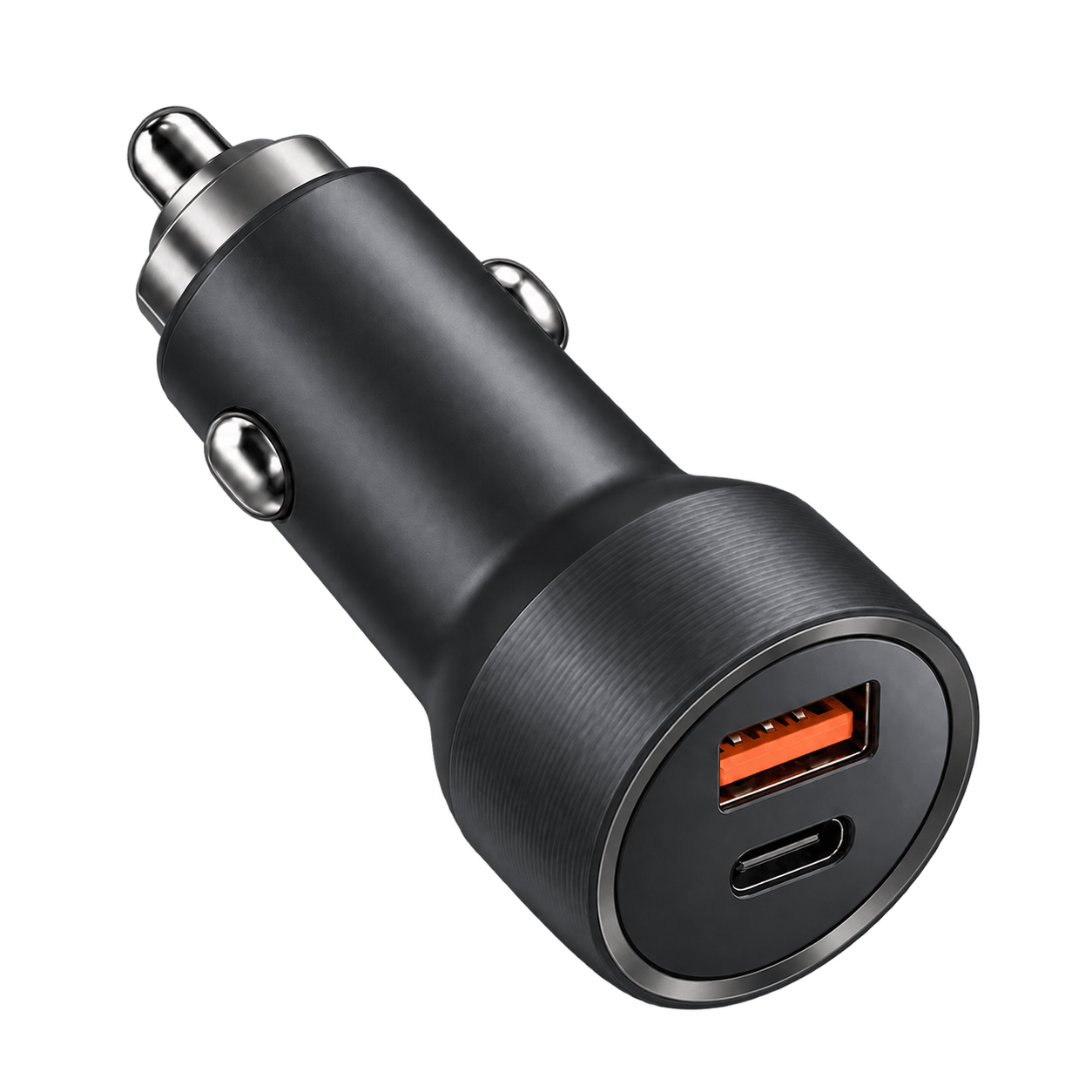 PRYEVO PR-CC30W-CA02 30W USB-C PD and USB-A QC car charger, angled view