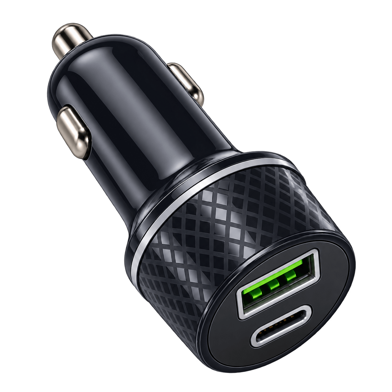 PRYEVO PR-CC60W-CA02 60W USB-C and USB-A car charger, angled view