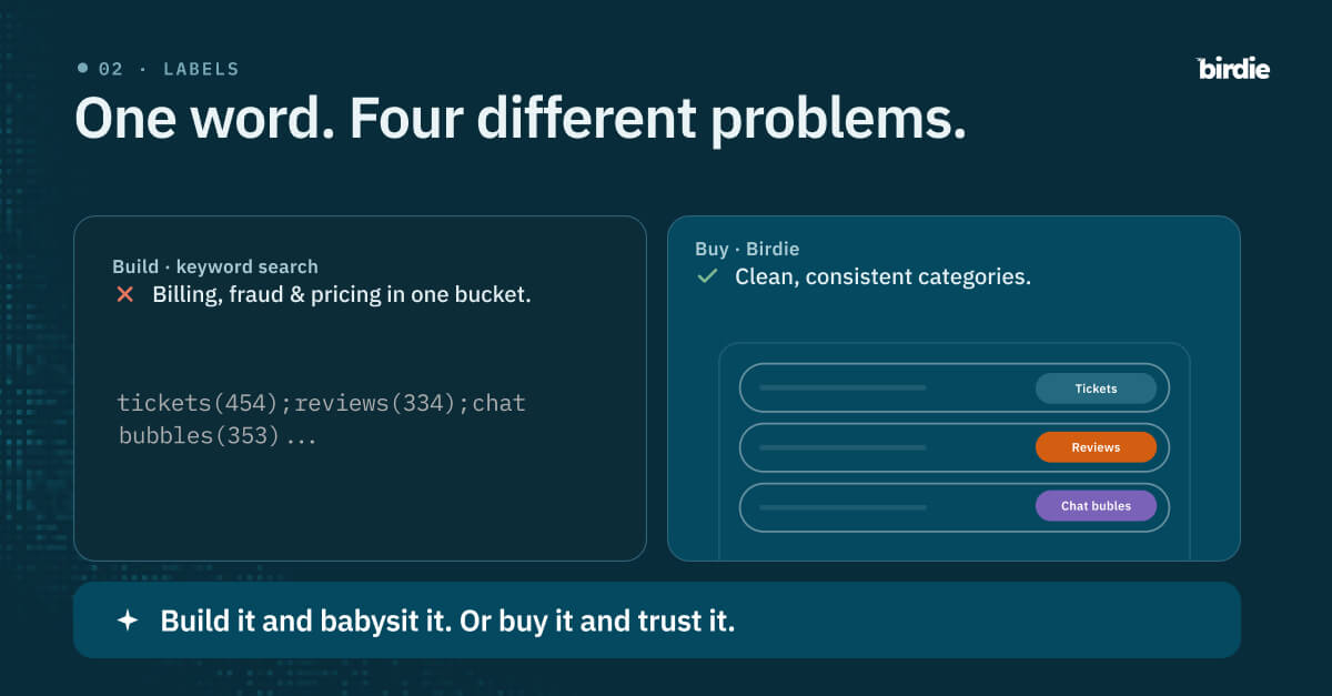 Comparison card: keyword search piles billing, fraud, and pricing signals into one messy bucket, while Birdie labels split them into clean, consistent categories.