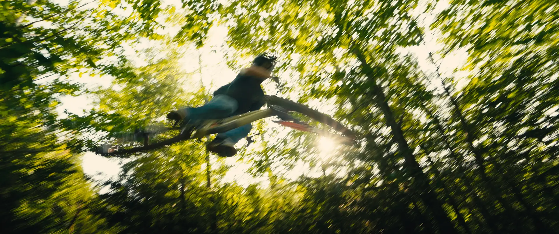 Cycliste de montagne en plein saut à travers une forêt verdoyante, éclat de soleil — Film & série FlowState