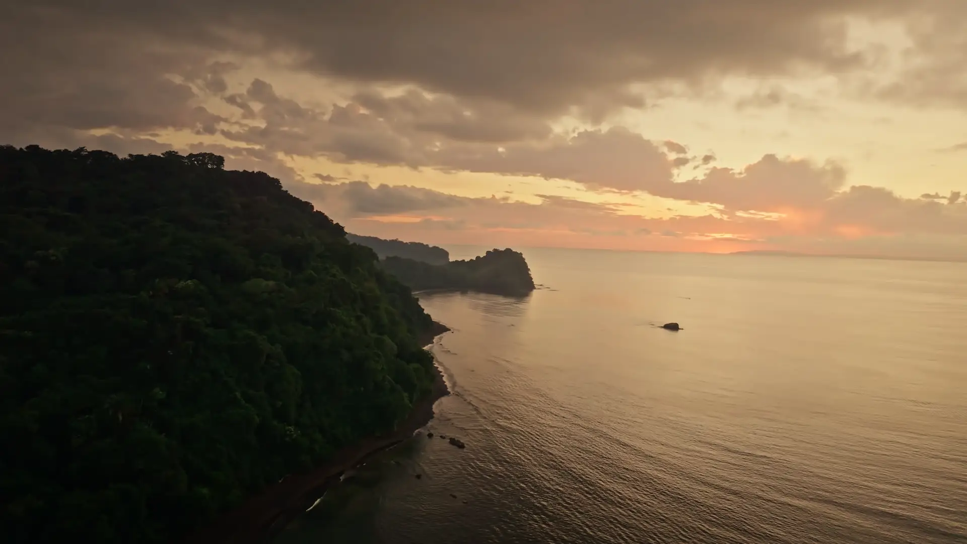 Cap boisé s'avançant dans une mer calme au coucher de soleil orangé — brand story AubeWellness