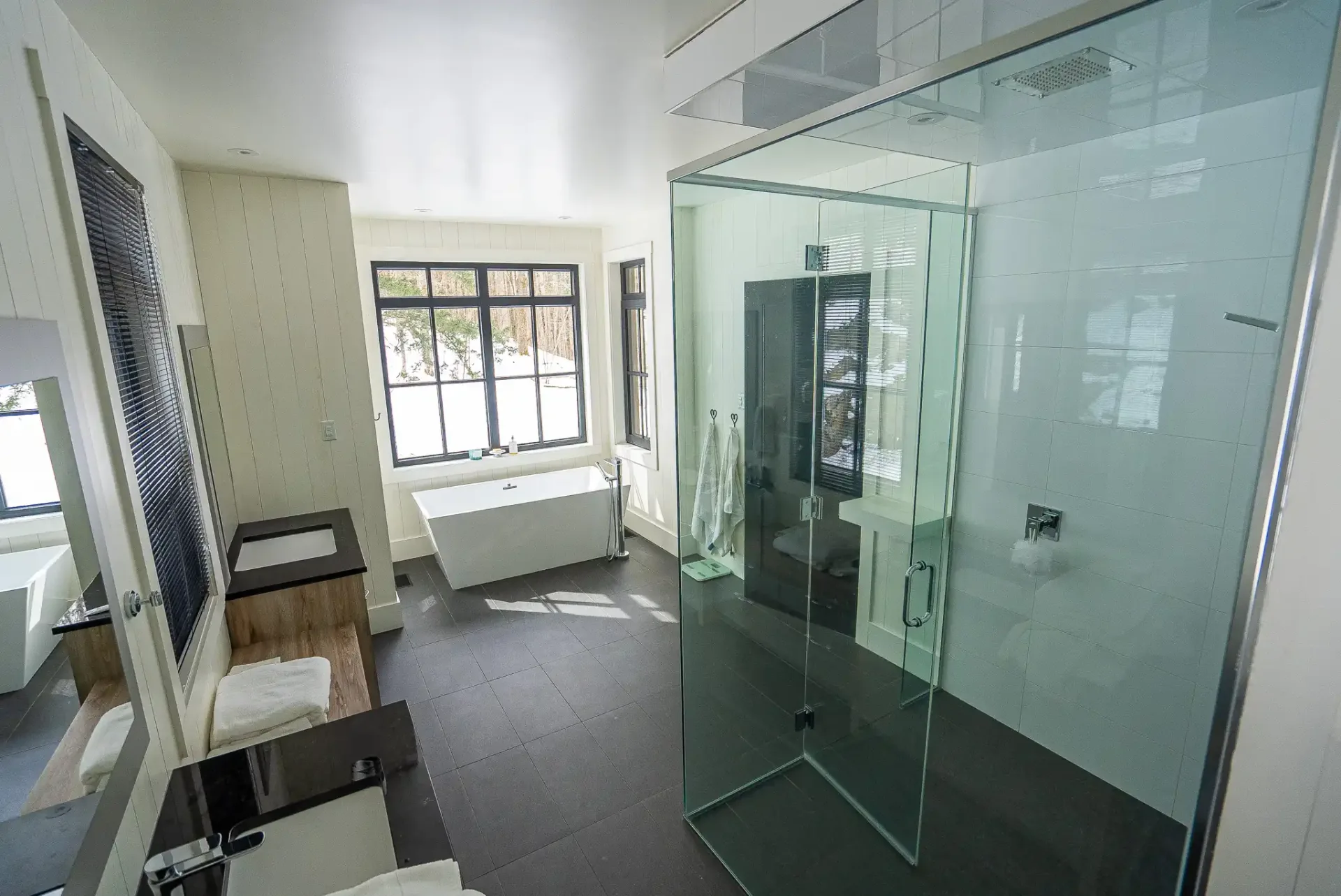 Salle de bain à douche vitrée et baignoire autoportante devant la fenêtre