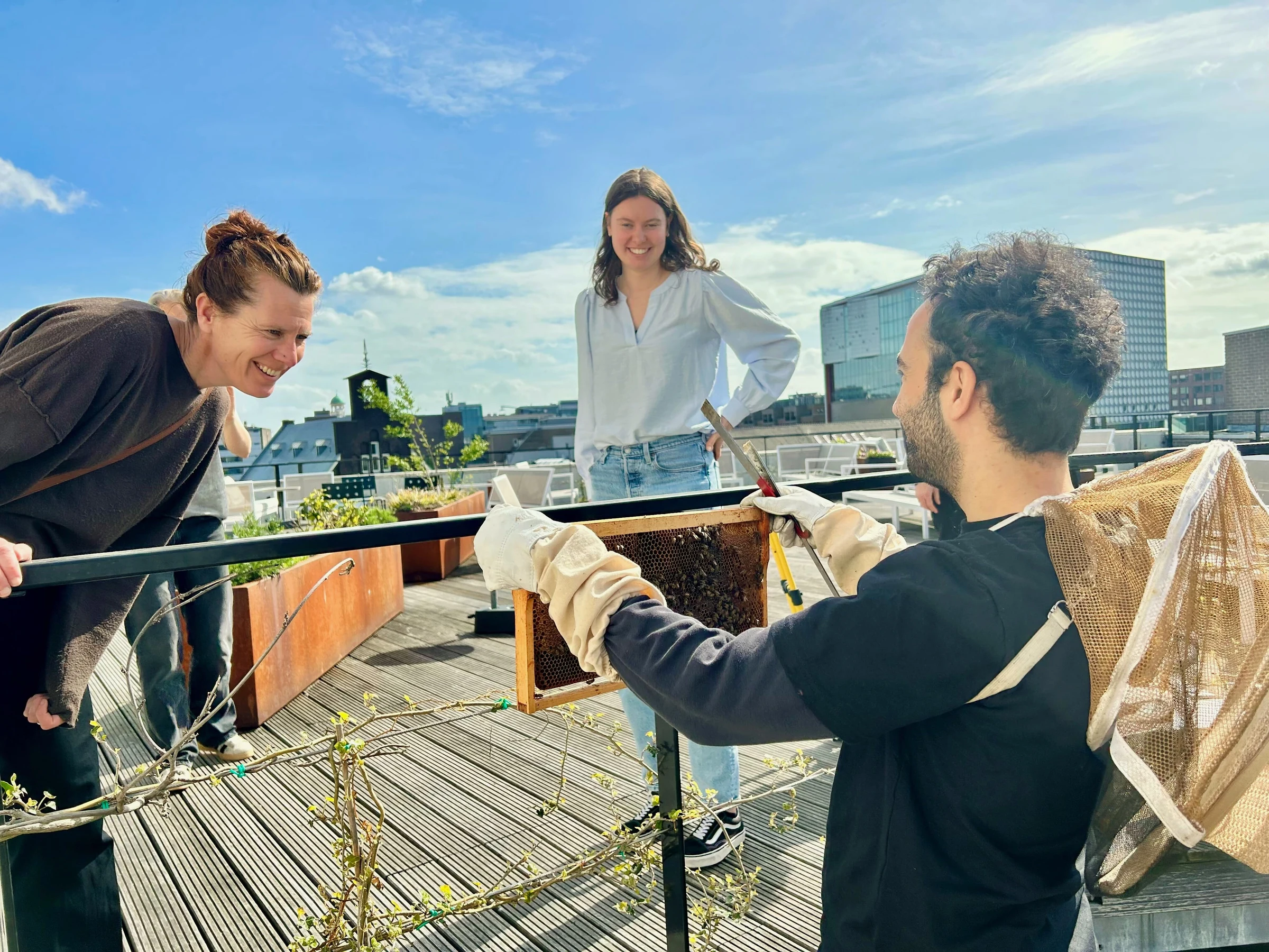 Alvéole beekeeper presenting a beehive frame to participants on a sunny rooftop