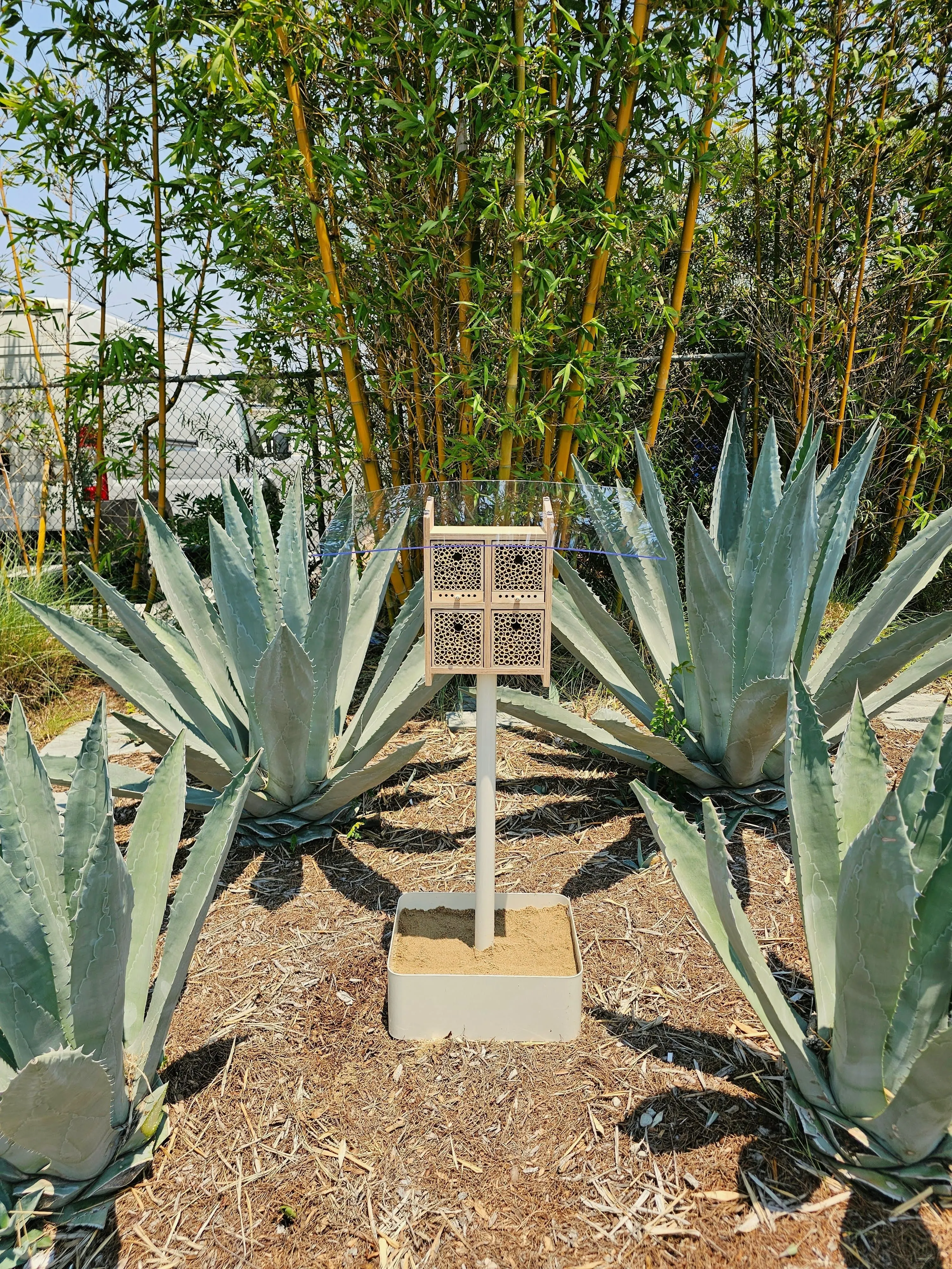 Bee hotel installation at Realterm Costa Mesa property