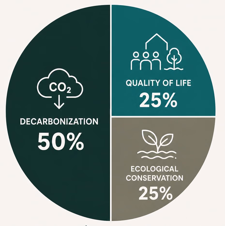 The three pillars of LEED v5. Ecological conservation now carries equal weight to tenant well-being, three times what biodiversity earned in the previous version.
