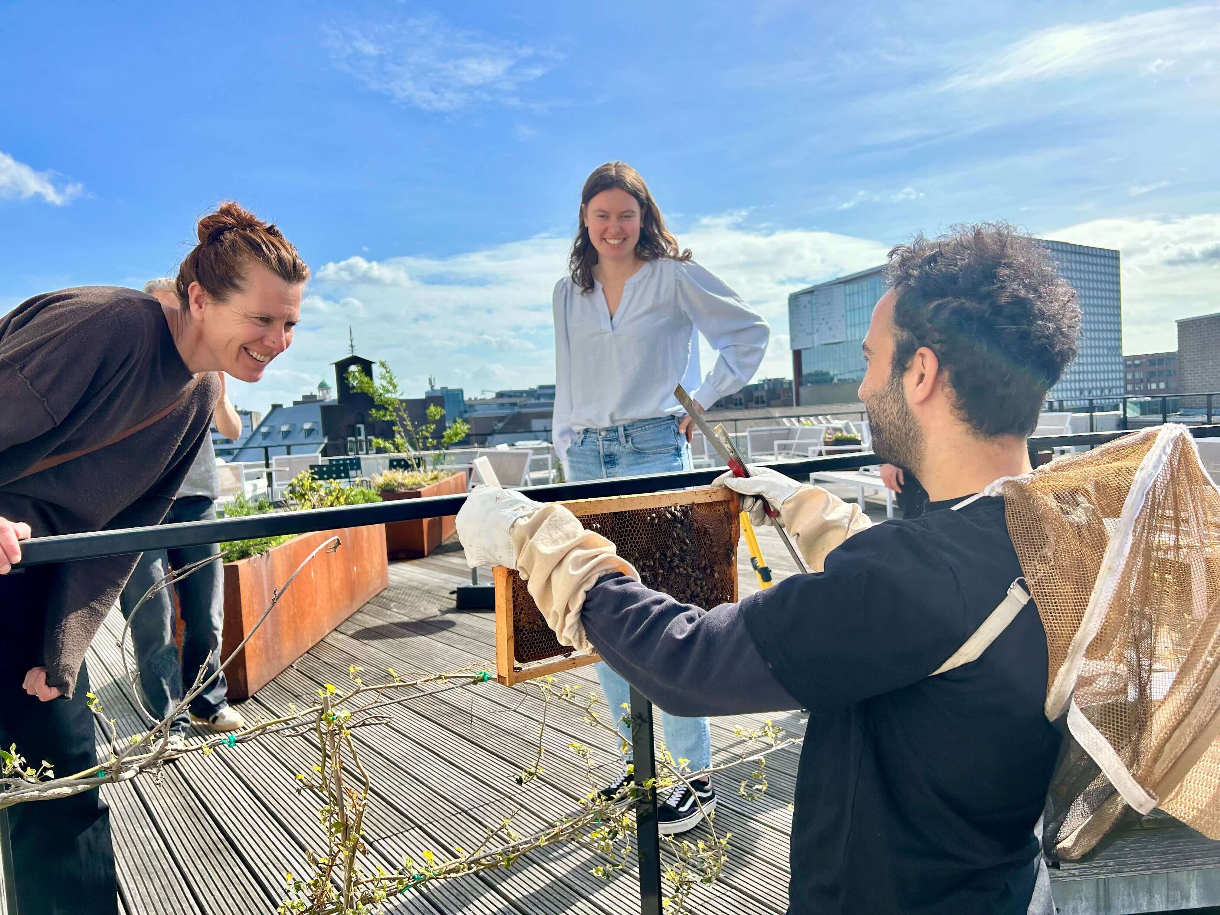 A beekeeper shows a honeycomb frame to two smiling office tenants on a commercial building rooftop terrace, with an urban skyline behind.